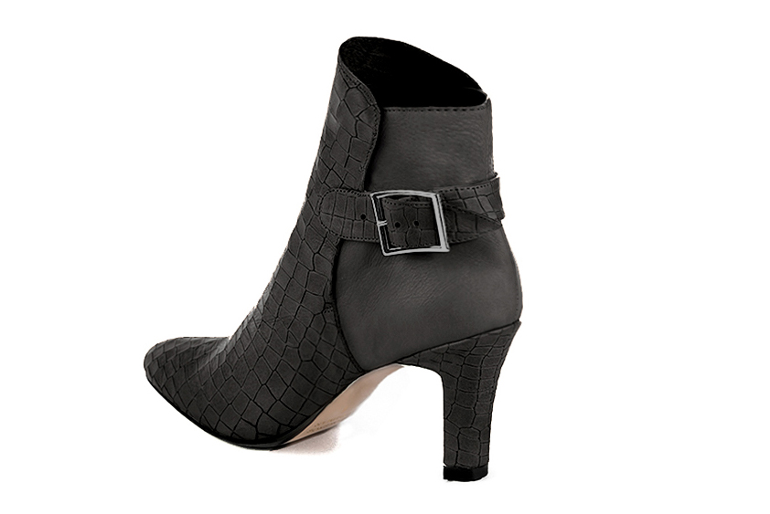 Dark grey women's ankle boots with buckles at the back. Round toe. High kitten heels. Rear view - Florence KOOIJMAN